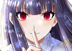 1girl absurdres asagami_fujino close-up finger_to_mouth habit highres hime_cut kara_no_kyoukai long_hair looking_at_viewer purple_hair red_eyes shushing smile solo sorano_tsukiyo white_background