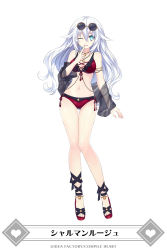 Rule 34 | bare shoulders, beach coat, beach jacket, belly, bikini, black heart (neptunia), breasts, cleavage, feet, glasses, green eyes, happy, highres, jewelry, knees, long hair, medium breasts, midriff, navel, necklace, neptune (series), noire (neptunia), official art, one eye closed, open mouth, sandals, shoes, swimsuit, thighs, toes, tsundere, very long hair, white hair, wink