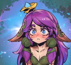 Rule 34 | 1girl, animal ears, backlighting, bare shoulders, blue eyes, blush, breasts, collarbone, flower, green background, hair flower, hair ornament, horse ears, league of legends, lillia (league of legends), long hair, outdoors, phantom ix row, pink hair, small breasts, solo, tree, wavy mouth, yellow flower