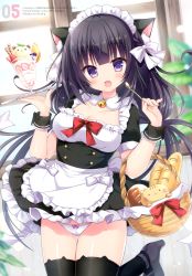Rule 34 | 1girl, :d, absurdres, animal ear legwear, animal ears, apron, baguette, basket, bell, black dress, black hair, black thighhighs, bow, bread, breasts, cat ear legwear, cat ears, collarbone, detached collar, dress, fang, food, frilled dress, frills, hands up, highres, holding, jingle bell, leg up, long hair, looking at viewer, maid, maid apron, maid headdress, medium breasts, open mouth, original, panties, parfait, picpicgram, purple eyes, red bow, scan, shoes, short sleeves, smile, solo, spoon, thighhighs, thighs, underwear, very long hair, waist apron, white panties, wrist cuffs