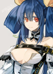 Rule 34 | 1girl, angel wings, asymmetrical wings, bare shoulders, belt, breasts, character name, choker, cleavage, dated, detached sleeves, dizzy (guilty gear), grey background, guilty gear, guilty gear xrd, hair between eyes, hair ribbon, hair rings, large breasts, looking at viewer, maka (morphine), multiple belts, portrait, red eyes, ribbon, simple background, smile, twintails, upper body, wings