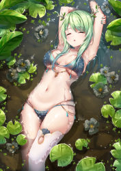 Rule 34 | 1girl, antlers, armpits, arms up, bare arms, bikini, blush, braid, breasts, ceres fauna, closed eyes, day, feet out of frame, flower, gold trim, green bikini, green hair, green nails, halterneck, highres, holding own arm, hololive, hololive english, horns, jewelry, large breasts, leaf, leaf print, long hair, lying, mole, mole under eye, multi-strapped bikini, nail polish, nature, navel, on back, outdoors, parted lips, partially submerged, plant, shallow water, sidelocks, single thighhigh, sleeping, solo, stomach, swept bangs, swimsuit, thighhighs, thighs, umou (may65879), underboob, virtual youtuber, water, water lily flower, wet