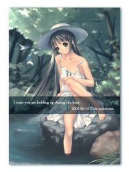 Rule 34 | 1girl, bare legs, bare shoulders, barefoot, collarbone, dated, dress, english text, forest, green eyes, green hair, hat, matching hair/eyes, nature, original, ribbon, sitting, soaking feet, solo, strap slip, sun hat, upskirt, water