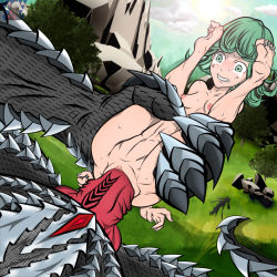Rule 34 | 1boy, 1girl, 2020, absurdres, ass, blue sky, breasts, claws, clenched teeth, crying, dragon, feet, folded, forest, grass, green eyes, green hair, highres, holding, holding legs, huge penis, human onahole, large insertion, monster, mountain, nails, nature, nipples, nude, one-punch man, pale skin, penis, pussy, rape, raynnxd, scaled, scared, sharp nails, short hair, size difference, sky, small breasts, spread legs, spread pussy, straddling, sun, sunlight, sweat, tail, tatsumaki, tears, teeth, tight clothes, watermark