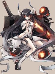 Rule 34 | 10s, 1girl, abyssal ship, anchorage water oni, black hair, blush, dress, fire, glowing, glowing eyes, gradient hair, high heels, highres, horns, kajaneko, kantai collection, long hair, multicolored hair, red eyes, sitting, solo, torn clothes, torn dress, turret, very long hair, white hair