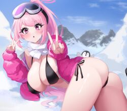 Rule 34 | 1girl, absurdres, ass, bikini, bird, black bikini, blue archive, breasts, cleavage, double v, eimi (blue archive), eimi (swimsuit) (blue archive), highres, jacket, large breasts, long hair, looking at viewer, mountain, official alternate costume, open mouth, penguin, pink eyes, pink hair, pink jacket, ponytail, scarf, side-tie bikini bottom, snow, snow goggles, swimsuit, taiyaki12, v, white scarf