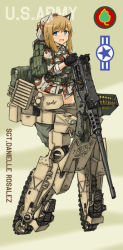 Rule 34 | 1girl, ammunition box, animal ears, bad id, bad pixiv id, blue eyes, breast pocket, brown hair, browning m2, camouflage, cat ears, character name, commentary request, dakku (ogitsune), desert camouflage, full body, gun, heavy machine gun, machine gun, magazine (weapon), panties, pocket, solo, standing, strike witches, strike witches 1991, striker unit, underwear, uniform, weapon, world witches series