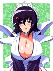 Rule 34 | 1girl, :d, bad id, bad pixiv id, black hair, blue eyes, blush, breasts, choker, cleavage, collarbone, flipped hair, floral background, frilled choker, frills, hair between eyes, hair ornament, hairclip, iroha (samurai spirits), japanese clothes, large breasts, leaning forward, long sleeves, looking at viewer, maid, maid headdress, open mouth, samurai spirits, short hair, smile, snk, solo, tamezou, upper body