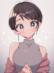 Rule 34 | 1girl, alternate costume, alternate hairstyle, blouse, blue eyes, blush, breasts, brown cardigan, cardigan, closed mouth, commentary, earrings, gradient background, grey background, grey shirt, grey sweater, hair ornament, hairclip, head tilt, highres, hololive, jewelry, kingyo (g-fish), looking at viewer, medium breasts, necklace, oozora subaru, open cardigan, open clothes, own hands together, ribbed sweater, ring, shirt, short hair, simple background, sleeveless, sleeveless shirt, sleeveless sweater, smile, solo, sparkle, sweater, swept bangs, twitter username, upper body, virtual youtuber