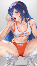 Rule 34 | 1girl, armpit crease, blue eyes, blue hair, blush, breasts, cameltoe, cleft of venus, collarbone, commission, covered erect nipples, crop top, fellatio gesture, fingernails, fire emblem, fire emblem awakening, hairband, hand up, hooters, long fingernails, looking at viewer, lucina (fire emblem), midriff, mismatched pupils, navel, nintendo, oral invitation, orange shorts, pandami, sexually suggestive, shoes, short shorts, shorts, small breasts, sneakers, solo, spread legs, squatting, stomach, symbol-shaped pupils, thighs, tiptoes, tongue, tongue out, watermark
