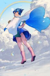 Rule 34 | 1girl, absurdres, arm behind back, blast-7, blue cape, blue eyes, blue hair, blue sky, boots, cape, clenched hand, cloud, commentary request, dress, from behind, full body, grin, hairband, highres, long sleeves, looking at viewer, looking back, moon, multicolored clothes, multicolored dress, outdoors, patchwork clothes, pink footwear, rainbow, short hair, sideways glance, sky, smile, solo, tenkyuu chimata, touhou, two-sided cape, two-sided fabric, white cape