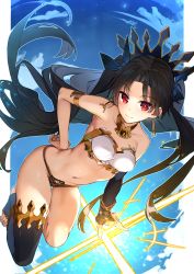 Rule 34 | 1girl, armlet, asymmetrical legwear, asymmetrical sleeves, bare shoulders, bikini, black bikini, black bow, black hair, black thighhighs, blush, bow, breasts, bridal gauntlets, closed mouth, detached collar, earrings, elbow gloves, fate/grand order, fate (series), gloves, hair bow, highres, hoop earrings, ishtar (fate), jewelry, long hair, looking at viewer, medium breasts, mismatched bikini, navel, neck ring, parted bangs, red eyes, shuutou haruka, single elbow glove, single thighhigh, smile, solo, swimsuit, thighhighs, thighs, tiara, two side up, uneven legwear, uneven sleeves, white bikini