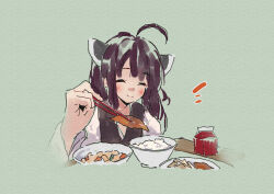 Rule 34 | 1girl, ^ ^, ahoge, blush, bowl, brown hair, chopsticks, closed eyes, closed mouth, facing viewer, feeding, food request, green background, hand up, headgear, holding, holding chopsticks, japanese clothes, kimono, lamb (hitsujiniku), long sleeves, obi, plate, rice, sash, simple background, smile, solo, table, touhoku kiritan, two side up, voiceroid, white kimono, wide sleeves