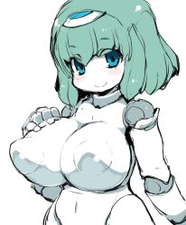 Rule 34 | 1girl, android, blue eyes, blush, breasts, curvy, green hair, highres, huge breasts, iana kalashnikov, joints, looking at viewer, robot, robot joints, robot neoanthropinae polynian, short hair, simple background, sketch, smile, solo, white background, zankuro