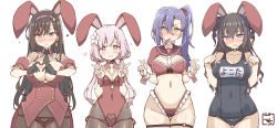 Rule 34 | 4girls, @ @, adapted costume, animal ears, aqua eyes, artist name, assault lily, asymmetrical bangs, bare arms, bare shoulders, between breasts, black bow, black choker, black gloves, black hair, black necktie, black one-piece swimsuit, blue eyes, blush, bow, bow bra, bra, breasts, breasts apart, brown hair, brown pantyhose, brown sailor collar, buttons, choker, cleavage, closed mouth, clothing cutout, collarbone, commentary request, covered navel, cowboy shot, detached collar, detached sleeves, double-breasted, double v, drill hair, earrings, embarrassed, fake animal ears, flower, frilled bra, frilled panties, frilled sleeves, frills, furrowed brow, gloves, gochisousama (tanin050), groin, hair between eyes, hair flower, hair ornament, hair ribbon, hair scrunchie, hairband, hands up, heart, heart cutout, heart hair ornament, heart hands, high ponytail, highleg, highleg panties, highres, honma akehi, id card, jewelry, kanba girls high school uniform, kanba student council defense team member a, kanba student council defense team member b, large breasts, leotard, long hair, looking at viewer, low twintails, medium breasts, mouth hold, multiple girls, necktie, necktie between breasts, nontraditional playboy bunny, nose blush, o-ring, o-ring choker, o-ring strap, o-ring thigh strap, one-piece swimsuit, panties, panties over pantyhose, pantyhose, parted lips, paw pose, playboy bunny, puffy detached sleeves, puffy short sleeves, puffy sleeves, purple eyes, purple hair, purple hairband, rabbit ears, raised eyebrows, red bra, red leotard, red panties, red scrunchie, ribbon, sailor collar, school swimsuit, school uniform, scrunchie, short necktie, short sleeves, shrug (clothing), side-tie panties, side cutout, side ponytail, side slit, sidelocks, simple background, standing, stomach, strapless, strapless bra, strapless leotard, string panties, sweat, sweatdrop, swimsuit, tailcoat, tearing up, thigh gap, thigh strap, twin drills, twintails, two side up, underwear, v, v-shaped eyebrows, very long hair, wavy hair, white background, white flower, white necktie, wrist cuffs, yellow eyes, yokota haruna, zipper, zipper panties, zipper pull tab