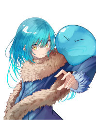 Rule 34 | 2others, absurdres, androgynous, blue hair, closed mouth, dual persona, fur, fur-trimmed sleeves, fur collar, fur trim, hair between eyes, highres, huge filesize, long hair, long sleeves, looking at viewer, multiple others, rimuru tempest, simple background, slime (creature), smile, tensei shitara slime datta ken, tetuw, transparent, white background, yellow eyes