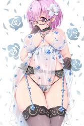 Rule 34 | absurdres, artoria pendragon (lancer alter) (fate), artoria pendragon (lancer alter) (royal icing) (fate), bare shoulders, black gloves, breasts, commentary request, curvy, earrings, eyes visible through hair, fate/grand order, fate (series), flower, glasses, gloves, hair flower, hair ornament, hair over one eye, highres, hip focus, jewelry, kntrs (knyrs), large breasts, looking to the side, mash kyrielight, navel, nipples, official alternate costume, puffy nipples, purple hair, see-through, short hair, solo, thighs