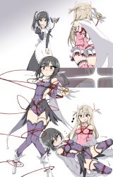 Rule 34 | 2girls, apron, arms behind back, bare shoulders, bdsm, black hair, bondage, bound, breasts, cape, dress, fate/kaleid liner prisma illya, fate (series), highres, illyasviel von einzbern, kinbakuman, licking lips, magical girl, maid, maid apron, maid headdress, miyu edelfelt, multiple girls, musical note, ponytail, red eyes, restrained, rope, shibari, shibari over clothes, small breasts, spoken musical note, sweatdrop, thighhighs, tongue, tongue out, yellow eyes