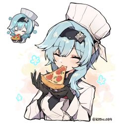 Rule 34 | 1girl, black gloves, black hairband, blue hair, blush, chef, chef hat, closed eyes, commentary request, eating, eula (genshin impact), eula (pizza hut) (genshin impact), genshin impact, genshin impact sticker redraw (meme), gloves, hair over shoulder, hairband, happy, hat, highres, kyou 039, long sleeves, meme, reference inset, sidelocks, simple background, solo, twitter username, white background
