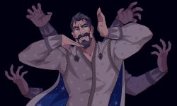 Rule 34 | 1boy, bara, beard, dancing, evil smile, extra arms, facial hair, goatee, green eyes, grey hair, highres, king magnifico, male focus, mature male, muscular, muscular male, mustache, pectoral cleavage, pectorals, revealyoursins, robe, royal robe, smile, solo, thick beard, thick eyebrows, thick mustache, upper body, white robe, wish (disney), wrinkled skin