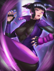 Rule 34 | &gt;:), 1girl, absurdres, black gloves, black hair, blunt bangs, bodysuit, breasts, drill hair, fingerless gloves, full-length zipper, gloves, glowing, glowing eye, han juri, highres, large breasts, leg up, long sleeves, looking away, mayrel, motion blur, nail polish, parted lips, pink eyes, purple nails, short hair, smile, solo, street fighter, street fighter iv (series), street fighter v, twin drills, unzipped, v-shaped eyebrows, zipper