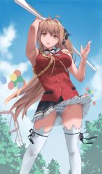 Rule 34 | 1girl, amagi brilliant park, antenna hair, arm up, armpits, bare arms, bare shoulders, black ribbon, blue panties, blue sky, blush, bow, bowtie, brown hair, day, den (kur0 yuki), feet out of frame, frilled skirt, frills, gluteal fold, hair intakes, hand up, highres, long hair, looking at viewer, miniskirt, open mouth, outdoors, panties, pleated skirt, ponytail, red vest, ribbon, sento isuzu, skirt, sky, sleeveless, solo, standing, striped clothes, striped panties, thighhighs, underwear, upskirt, very long hair, vest, white bow, white bowtie, white thighhighs, wind, wind lift, yellow eyes