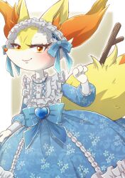 Rule 34 | 1girl, animal ear fluff, animal ears, animal hands, animal nose, blue bow, blue gemstone, blush, body fur, border, bow, braixen, brown background, closed mouth, clothed pokemon, creatures (company), dress, female focus, flat chest, floral print, fox ears, fox girl, fox tail, frilled dress, frilled hairband, frills, furry, furry female, game freak, gem, gen 6 pokemon, hairband, half-closed eyes, hand up, happy, heart, highres, kakiikada, long dress, long sleeves, looking at viewer, nintendo, outline, outside border, pokemon, pokemon (creature), red eyes, sideways mouth, simple background, smile, snout, solo, standing, stick, tail, two-tone fur, waving, white border, white fur, white outline, yellow fur