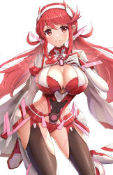 Rule 34 | 1girl, absurdres, breasts, cleavage, closed mouth, commentary, covered navel, gloves, gonzarez, hand on own chest, highres, kneeling, large breasts, long hair, looking at viewer, low twintails, parted bangs, pyra (xenoblade), pyra (xenoblade) (prototype), red eyes, red hair, simple background, smile, solo, twintails, white background, white gloves, xenoblade chronicles (series), xenoblade chronicles 2