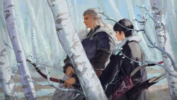 Rule 34 | 2boys, armor, arrow (projectile), black hair, black robe, blurry, bow (weapon), branch, chinese clothes, cowboy shot, depth of field, forest, grey hair, hanfu, highres, holding, holding arrow, holding bow (weapon), holding weapon, juuni kokuki, king tai (juuni kokuki), leaf, long hair, long sleeves, looking at another, looking away, male focus, multiple boys, nanjou (sumeragimishiro), nature, outdoors, ponytail, profile, quiver, red eyes, robe, short hair, sidelocks, smile, taiki (juuni kokuki), weapon, winter