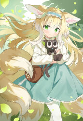 Rule 34 | 1girl, absurdres, animal, animal ear fluff, animal ears, arknights, bag, black cat, blonde hair, blue hairband, blue skirt, blush, brown bag, cardigan, cat, closed mouth, commentary, crossover, artistic error, feet out of frame, fox ears, fox girl, fox tail, frilled hairband, frills, green eyes, hair ornament, hair scrunchie, hairband, handbag, highres, holding, holding animal, holding cat, kitsune, kyuubi, long hair, looking at viewer, luo xiaohei, luo xiaohei zhanji, multicolored hair, multiple tails, nitoron, official alternate costume, open cardigan, open clothes, outdoors, revision, scrunchie, shirt, shoulder bag, sidelocks, skirt, smile, solo, stitches, suzuran (arknights), suzuran (spring praise) (arknights), tail, two-tone hair, white cardigan, white hair, white shirt