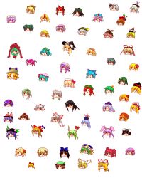 Rule 34 | 6+girls, :3, absurdres, aki minoriko, aki shizuha, alice margatroid, animal ears, animal hat, black hair, blonde hair, blue hair, bow, brown hair, buuwa, cat ears, chen, chibi, cirno, daiyousei, everyone, ex-keine, female focus, flandre scarlet, frog hair ornament, front ponytail, fujiwara no mokou, green hair, hair bow, hair ornament, hair ribbon, hakurei reimu, hat, head, headpiece, hieda no akyuu, highres, hinanawi tenshi, hong meiling, horns, hoshiguma yuugi, houraisan kaguya, ibuki suika, inaba tewi, inubashiri momiji, izayoi sakuya, kaenbyou rin, kagiyama hina, kamishirasawa keine, kawashiro nitori, kazami yuuka, kirisame marisa, kisume, koakuma, kochiya sanae, komeiji koishi, komeiji satori, konpaku youmu, kurodani yamame, leaf, leaf on head, letty whiterock, lily black, lily white, long hair, luna child, lunasa prismriver, lyrica prismriver, medicine melancholy, merlin prismriver, mizuhashi parsee, mob cap, moriya suwako, multiple girls, mystia lorelei, nagae iku, no humans, object on head, onozuka komachi, open mouth, orange hair, patchouli knowledge, mob cap, pink hair, purple hair, red eyes, red hair, reisen udongein inaba, reiuji utsuho, remilia scarlet, ribbon, rumia, saigyouji yuyuko, shameimaru aya, shanghai doll, shiki eiki, short hair, side ponytail, silver hair, single horn, solid circle eyes, star sapphire, sunny milk, tokin hat, touhou, wriggle nightbug, yagokoro eirin, yakumo ran, yakumo yukari, yasaka kanako