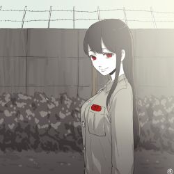 Rule 34 | 1girl, akagi (kancolle), alternate costume, barbed wire, breast pocket, breasts, bush, buttons, closed mouth, clothes writing, collared shirt, hair over shoulder, kantai collection, long hair, long sleeves, looking at viewer, monochrome, outdoors, pocket, prisoner, red eyes, shirt, signature, smile, solo, spot color, upper body, wall, zabuton dorobou
