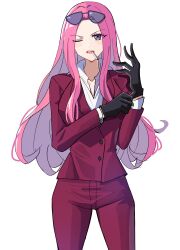Rule 34 | 1girl, absurdres, adjusting clothes, adjusting gloves, black gloves, buttons, cigarette, collared shirt, commentary, cowboy shot, eyewear on head, formal, gloves, highres, hina (one piece), kasuga kaya, korean commentary, long hair, long sleeves, looking at viewer, one eye closed, one piece, pink hair, purple eyes, shirt, simple background, solo, suit, white background, white shirt
