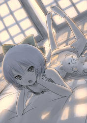 Rule 34 | 1girl, :o, bare back, bare shoulders, blush, bow, bra, cirno, futon, hair bow, hands on own face, hosimo, legs up, lingerie, looking at viewer, lying, monochrome, on stomach, open mouth, panties, pillow, short hair, solo, stuffed animal, stuffed toy, teddy bear, touhou, underwear, underwear only, wings