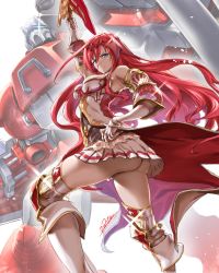 Rule 34 | 1girl, ass, bare shoulders, blue eyes, breasts, cleavage, crossover, elbow gloves, gauntlets, gloves, godsworn alexiel, granblue fantasy, hair between eyes, hair ornament, large breasts, long hair, looking at viewer, mecha, name connection, red hair, robot, skirt, solo, thighhighs, very long hair, zunta