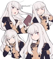 Rule 34 | 1girl, :&lt;, blush, book, buttons, closed mouth, commentary, cropped torso, do m kaeru, fire emblem, fire emblem: three houses, floating hair, garreg mach monastery uniform, hand on own face, holding, holding book, long hair, long sleeves, looking at viewer, lysithea von ordelia, multiple views, nintendo, pink eyes, simple background, sweat, twitter username, uniform, white background, white hair