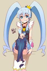 Rule 34 | 10s, 1girl, blue eyes, blue hair, blue skirt, blue thighhighs, blush, brooch, brown background, clenched teeth, crown, cure princess, de (deys), eyebrows, happinesscharge precure!, heart, heart brooch, long hair, magical girl, matching hair/eyes, precure, shirayuki hime, simple background, sitting, skirt, solo, teeth, thighhighs, twintails