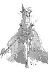 Rule 34 | 1girl, absurdres, arknights, bare shoulders, boots, bow, breasts, closed mouth, clothing cutout, detached sleeves, dress, greyscale, hat, highres, holding, holding staff, knee boots, long hair, long sleeves, looking away, looking to the side, low-tied long hair, medium breasts, monochrome, navel, navel cutout, photo-referenced, simple background, skadi (arknights), skadi the corrupting heart (arknights), solo, staff, very long hair, walking, weapon bag, white background, wide sleeves, wufaganbing