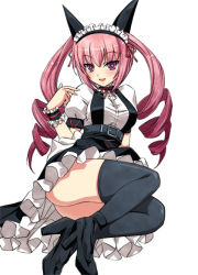 Rule 34 | 1girl, akiha rumiho, animal ears, black thighhighs, cat ears, drill hair, faris nyannyan, high heels, maid headdress, pink hair, shimamoto utsumi, shoes, simple background, solo, steins;gate, thighhighs, twin drills, twintails, waitress, white background, wrist cuffs