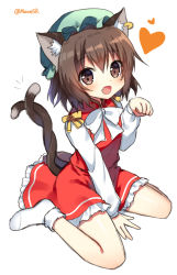 Rule 34 | 1girl, animal ear fluff, animal ears, bow, bowtie, brown hair, cat ears, chen, chinese clothes, commentary request, dress, earrings, fang, full body, green hat, hat, heart, jewelry, long sleeves, looking at viewer, mauve, mob cap, multiple tails, nekomata, one-hour drawing challenge, open mouth, partial commentary, paw pose, red dress, short hair, signature, simple background, single earring, sitting, socks, solo, tail, touhou, two tails, wariza, white background, white bow, white bowtie, white socks, yellow bow