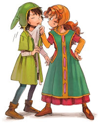 Rule 34 | 1boy, 1girl, anger vein, bad id, bad pixiv id, belt, blue eyes, blush, boots, breasts, brown footwear, brown hair, closed eyes, curly hair, dragon quest, dragon quest vii, dress, full body, green hat, hand on own hip, hat, hero (dq7), long hair, maribel (dq7), nona (831korokke), open mouth, pantyhose, red hair, standing, sweatdrop, white background
