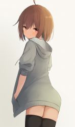 Rule 34 | 1girl, ahoge, ass, black thighhighs, brown hair, centi mnkt, closed mouth, commentary request, drawstring, from behind, grey background, grey jacket, hair between eyes, hand in pocket, highres, hood, hood down, hooded jacket, jacket, looking at viewer, looking back, open clothes, open jacket, original, puffy short sleeves, puffy sleeves, red eyes, short sleeves, simple background, smile, solo, thighhighs
