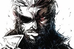 Rule 34 | 1boy, beard, big boss, eyepatch, facial hair, high collar, imizu (nitro unknown), looking at viewer, male focus, manly, metal gear (series), metal gear solid, metal gear solid 3: snake eater, portrait, red eyes, solo, spot color