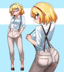 Rule 34 | 1girl, alice margatroid, alternate costume, ass, bespectacled, blonde hair, blue background, blue eyes, breasts, brown footwear, collarbone, commentary request, cowboy shot, from behind, full body, glasses, grey pants, hairband, head tilt, long sleeves, looking at viewer, looking back, medium breasts, multiple views, one eye closed, pants, parted lips, profile, red-framed eyewear, red hairband, shimizu pem, shirt, shoes, short hair, standing, suspenders, suspenders pull, touhou, two-tone background, white background, white shirt, wing collar