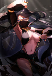 Rule 34 | 1girl, black hair, blue eyes, breasts, circlet, dancer, detached sleeves, dual wielding, earrings, highres, holding, holding sword, holding weapon, jewelry, large breasts, long hair, looking at viewer, mouth veil, navel, necklace, original, reverse grip, ring, see-through, shiomin617, solo, sword, veil, very long hair, weapon