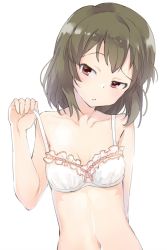 Rule 34 | 1girl, arm behind back, bare arms, bare shoulders, blush, bow, bow bra, bra, breasts, collarbone, commentary request, floral print, frilled bra, frills, green hair, hand up, head tilt, highres, hiroki (yyqw7151), idolmaster, idolmaster million live!, lifting own clothes, light blush, looking at viewer, nagayoshi subaru, navel, orange bow, parted lips, print bra, raised eyebrow, red eyes, short hair, simple background, small breasts, solo, strap lift, underwear, underwear only, upper body, white background, white bra