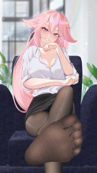 Rule 34 | 1girl, absurdres, blush, breasts, cleavage, crossed legs, feet, genshin impact, highres, large breasts, long hair, looking at viewer, miniskirt, office lady, pantyhose, parted lips, pink hair, purple eyes, sitting, skirt, smile, soles, solo, toes, yae miko