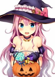 Rule 34 | 1girl, bare shoulders, blue eyes, blush, breasts, candy, choker, cleavage, fang, food, halloween, halloween costume, hat, highres, jack-o&#039;-lantern, large breasts, long hair, looking at viewer, md5 mismatch, open mouth, original, pink hair, pointy ears, puff and slash sleeves, puffy sleeves, pumpkin, resolution mismatch, revision, simple background, solo, source larger, sparkling eyes, tears, white background, witch hat, yuusa
