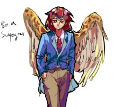 Rule 34 | 1other, alternate wings, androgynous, bird wings, blue jacket, blue sleeves, brown hair, brown pants, brown wings, closed mouth, coattails, collared jacket, collared shirt, commentary request, cowboy shot, denim, english text, feathered wings, hands in pockets, headgear, jacket, jeans, kokutenshi hibaru, korean commentary, layered sleeves, len&#039;en, light frown, long sleeves, looking down, medium hair, necktie, other focus, pants, red eyes, red headwear, red necktie, shirt, simple background, solo, waiwa way, white background, white shirt, wings