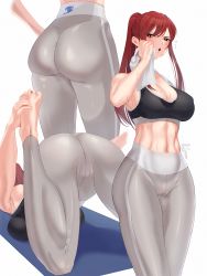 Rule 34 | 1girl, abs, absurdres, ass, ass focus, blush, breasts, cleavage, erza scarlet, fairy tail, feet, hakua (hka art), highres, large breasts, long hair, navel, pants, ponytail, red hair, solo, sports bra, stomach, stretching, sweat, toned, white background, yoga, yoga pants
